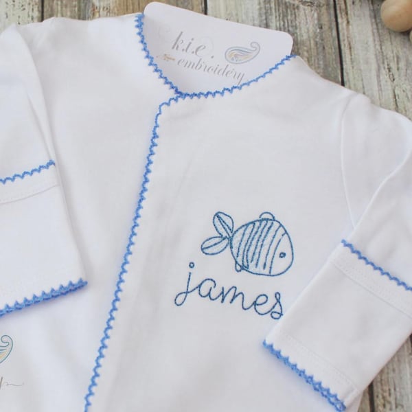 Monogrammed  Baby Footie: Personalized, Embroidered Fish, Blue Picot Trim, Coming Home Outfit, Gift