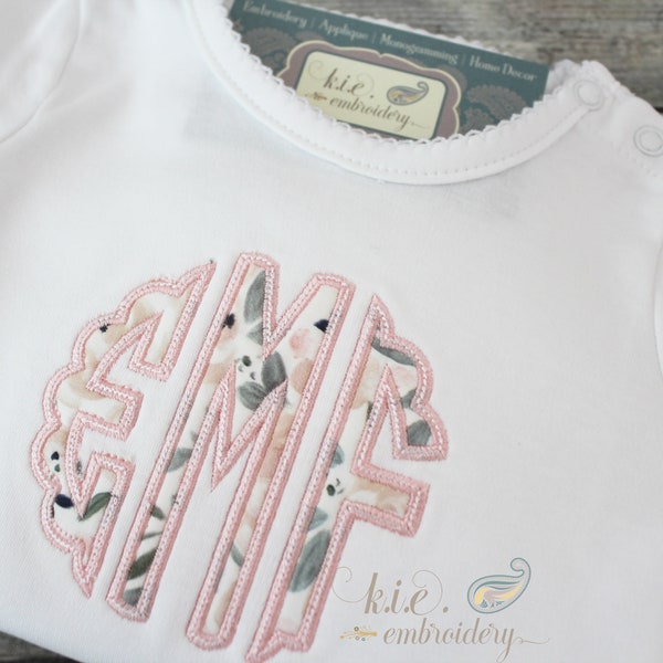 Embroidered Scallop Applique Monogram Trio Baby Girl Bodysuit / Baby Girl Ruffle Romper / Baby Personalized / Baby Coming Home / Baby Gown