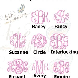 Op de afbeelding: Een grafiek met verschillende lettertypen voor borduurwerk. De stijlen zijn: Bailey, Fancy, Suzanne, Circle, Interlocking, Elegant, Avery en Empire.