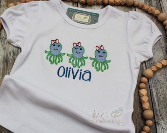 Embroidered ‘Happy Squids’ Shirt / Personalized / Monogrammed / Girls Summer Top / Beach Top