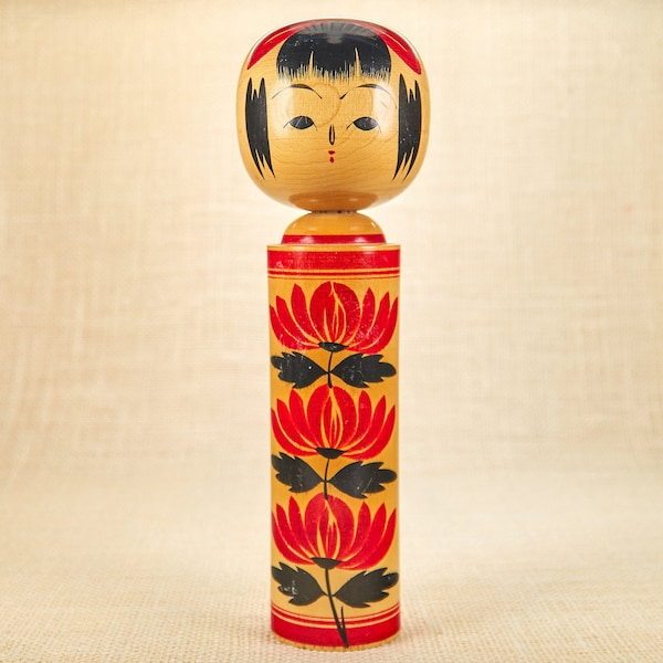 Poupée Kokeshi traditionnelle vintage - Style Tougatta - Jouet japonais en bois avec signature d'un artiste - Poupée porte-bonheur - Livraison rapide