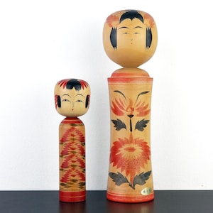 Vintage Naruko and Zaotakayu Kokeshi Dolls Set - Traditional Japanese Wooden Doll Signed by Artist