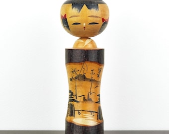 Vintage Kokeshi Doll (1970s) - Japanese Hand-Painted Bobblehead Wooden Figurine - Collectible Art Doll - 16cm/6"