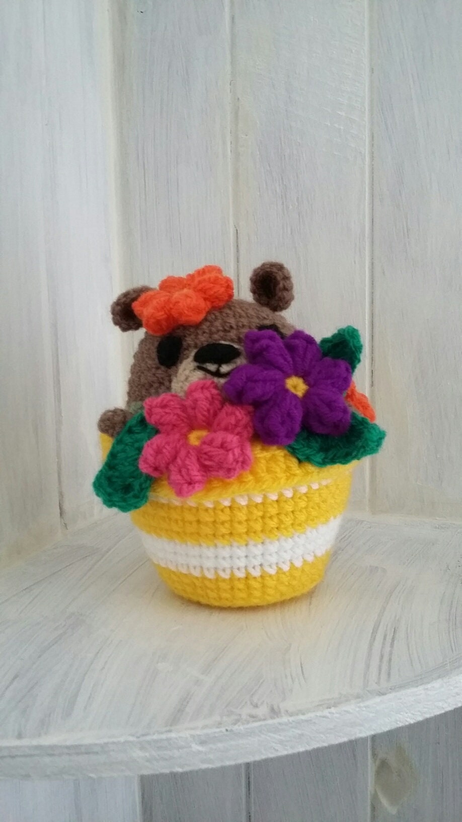 Teddy in Flower Pot, Ours en Peluche Mignon, Pot de Fleurs Amigurumi, Au Crochet, Décoration