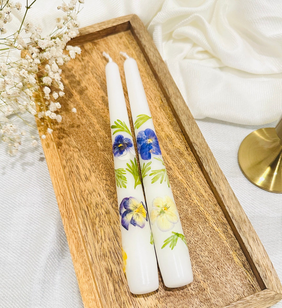 Handmade Pressed Flower Taper Candle, Vintage Boho Style, Real Dried