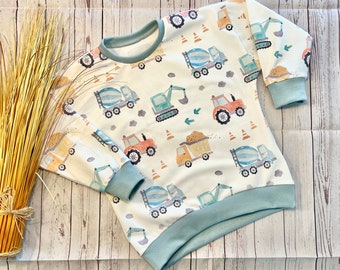 Oversize sweater baby organic jersey size. 56-116 “Construction site vehicles”, sweater baby, transitional period summer winter