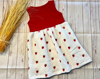 Summer dress girls size 56-158 muslin “strawberry” with cherry red, girl dress wedding baptism