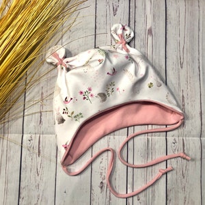 Ear hat baby KU 36-61 “Spring Awakening” with pink, other combination colors possible, knot hat hedgehog rabbit flowers white, summer hat