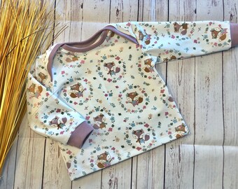 Long-sleeved baby shirt size 50-92, “summer fox” with old pink cuffs, baby sweater, T-shirt for summer possible, organic jersey