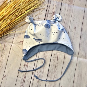 Baby ear hat, head circumference 36-61 cm, "Baby Whales" in light denim blue, knotted hat in nautical white and blue, summer hat for boys