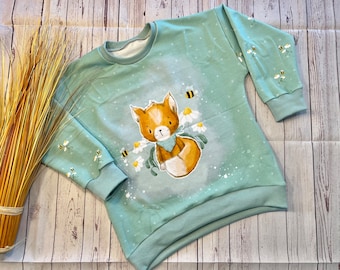 UNIKAT Oversize Sweater Baby "Fox and Bee" Gr. 80-116 mint, pullover baby organic French terry, sweat pullover transitional period summer winter