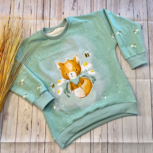 UNIKAT Oversize Sweater Baby "Fox and Bee" Gr. 80-116 mint, pullover baby organic French terry, sweat pullover transitional period summer winter