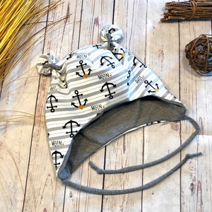 Ear cap baby KU 36-60, maritime anchor with gray or ochre, in winter with plush, knot cap baby, girls and boys, organic