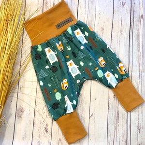 Pump pants baby size 44-122, organic jersey fox family "forest animals" green and brown, baby pants autumn, fox bear bunny, mitwachshose girls boys