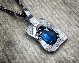 London blue topaz pendant, one of a kind, sterling silver forest necklace, hallmarked