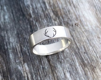 Antlers Silver Ring, Woodland, Stag, Nature, Forest theme ring, Hand Stamped, Sterling silver, Personalised, Wedding ring