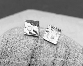 Silver Square Studs, Hammered, Handmade, Sterling Silver, Earring Set, Tiny Studs