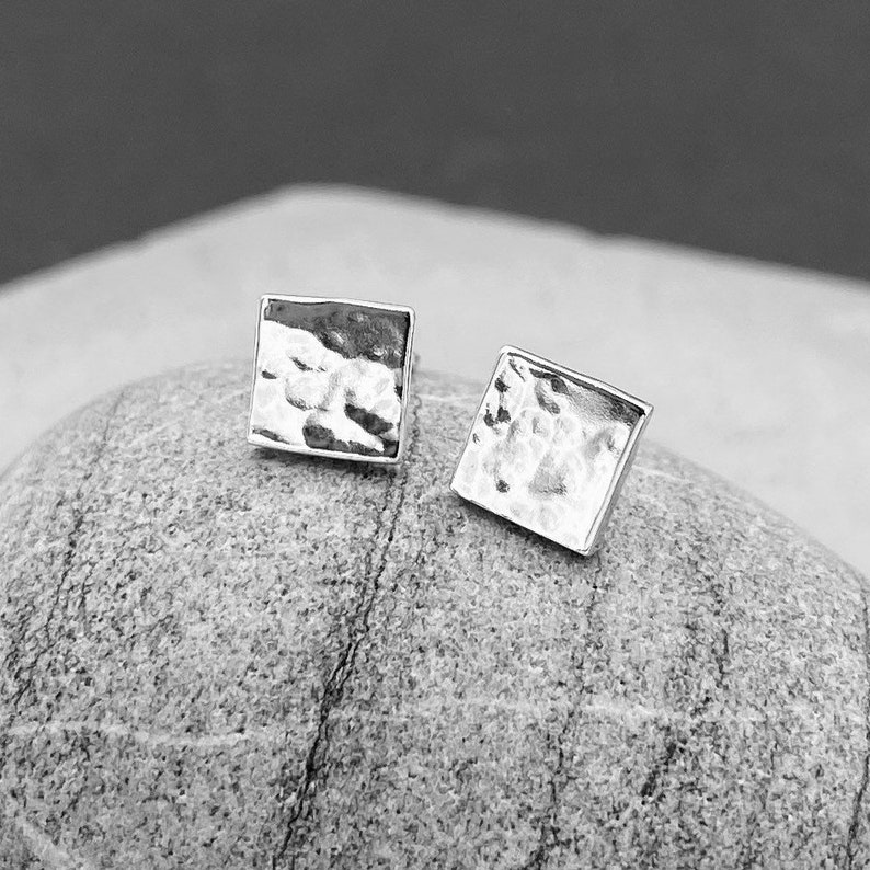 Silver Square Studs, Hammered, Handmade, Sterling Silver, Earring Set, Tiny Studs image 1