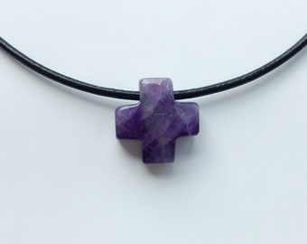 Amethyst Kreuz •  Kette • Edelstein mit Silberkette oder Lederband