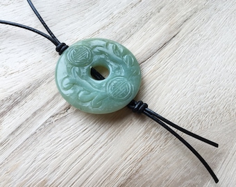 Necklace • Serpentine engraved • Leather strap with gemstone