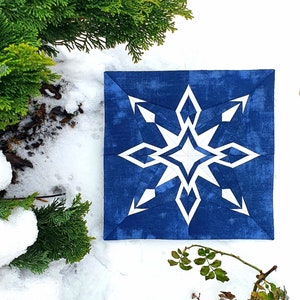 Könnte beinhalten: Ein blauer und weißer Stoff-Schneeflocken-Patchworkblock mit einem weißen Sternmuster auf blauem Hintergrund. Der Block liegt auf einer weißen Oberfläche mit Schnee und grünem Laub.