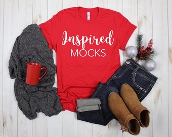 Download Free Christmas Mockup | Bella Canvas 3001 Red Unisex Jersey T-shirt Mockup | Christmas Flat Lay | Winter Mockup | Holiday Mockup | Styled Mockup PSD Template