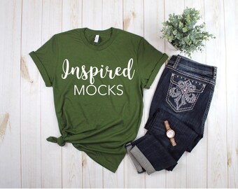 Bella Canvas 3001 Olive Green Unisex Jersey T-shirt Mockup | Shirt Mockup | Flat Lay Mockup | Basic Mockup | Mock Up Outfit | Styled Mockup