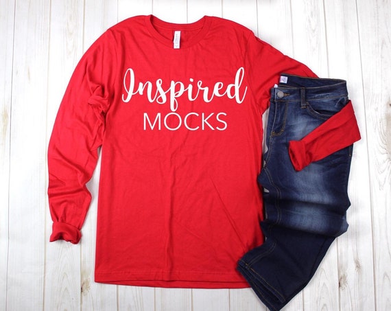 Bella Canvas 3501 Red Long Sleeve T-Shirt Mockup