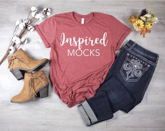 Download Free Bella Canvas 3001 Heather Clay Unisex Jersey T-shirt Mockup | Thanksgiving Mockup | Winter Mockup | Fall Mockup | Styled Mockup l Flat Lay PSD Template