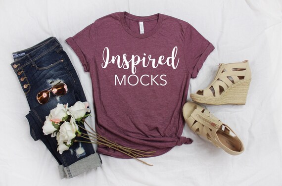 Spring Mockup Bella Canvas 3001 Heather Maroon T-Shirt