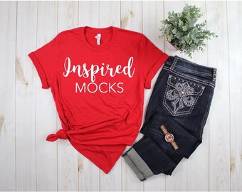 Download Free Bella Canvas 3001 Red Unisex Jersey T-shirt Mockup | Shirt Mockup | Flat Lay Mockup | Basic Mockup | Flat Lay Outfit | Styled Mockup PSD Template