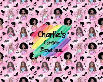 May include: A pink background with a rainbow watercolor stripe that says "Charlie's Corner Bowtique". The background is filled with a repeating pattern of black and white silhouettes of women, stars, crowns, and other small details. There are also images of dolls with different hairstyles and outfits.