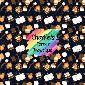 May include: A seamless pattern featuring a variety of cute cartoon images of s'mores, chocolate bars, marshmallows, and campfires on a dark blue background with a white speckled texture. The text "Charlie's Corner Boutique" is written in a rainbow font.
