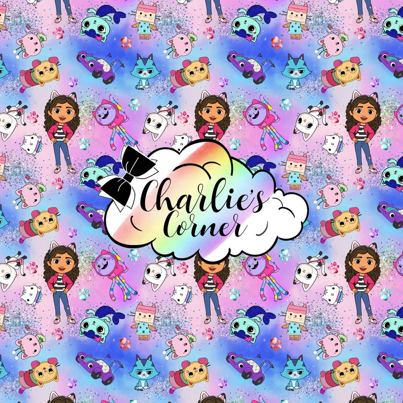 May include: A colorful seamless pattern featuring a cartoon girl with brown hair and a pink and blue ombre background. The pattern includes various cartoon animals, including cats, dogs, and a fish. The text "Charlie's Corner" is written in a white cloud with a rainbow gradient.