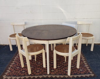 Sillas con respaldo de riel italiano y asiento de caña vienesa de madera italiana de Willy Rizzo para Mario Sabot (6) y mesa Butterfly Leaf a juego