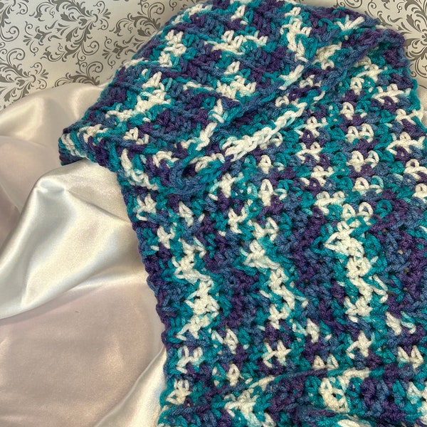 Handmade Crochet Scarf - Purple Teal White