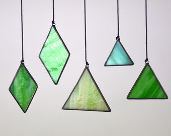 Set of sun catcher stained glass mobiles, selection: 5 glass pendants, suncatcher glass, antique stained glass pendants, green-yellow/green/turquoise/petrol/blue