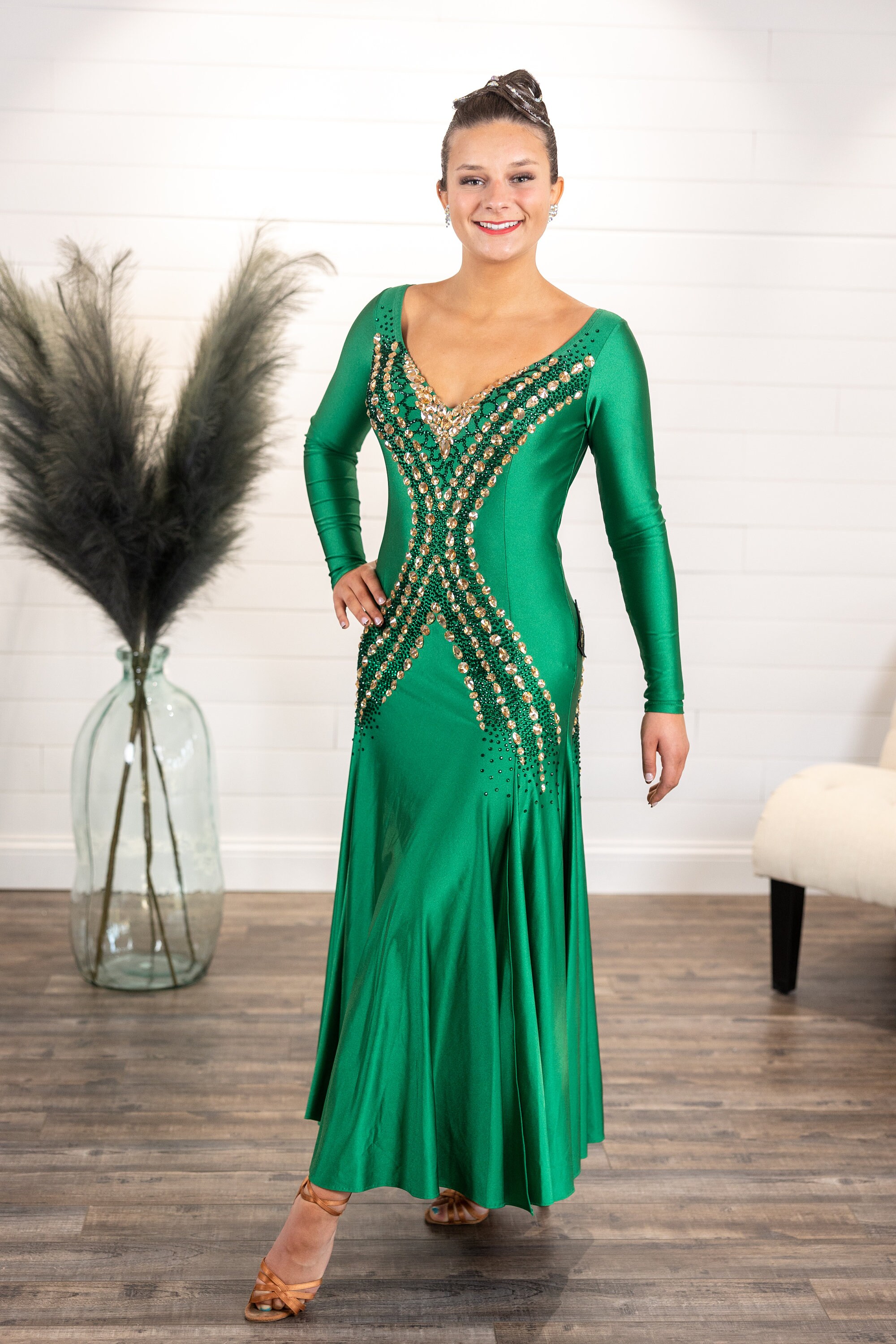 6199☆S 緑 スワロミックス パソ ドレス オーダードレス 社交ダンス