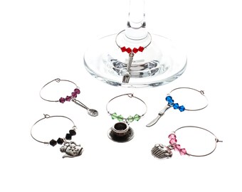 Breakfast at Tiffanys Swarovski Wine Glass Charm Set of 6, Wine Glass Charm, Wine Glass Markers, Silver Wine Charm, Swarovski Wine Charm