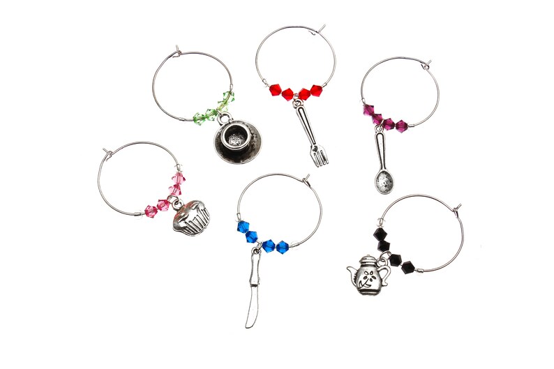 Breakfast at Tiffanys Swarovski Wine Glass Charm Set of 6, Wine Glass Charm, Wine Glass Markers, Silver Wine Charm, Swarovski Wine Charm image 2