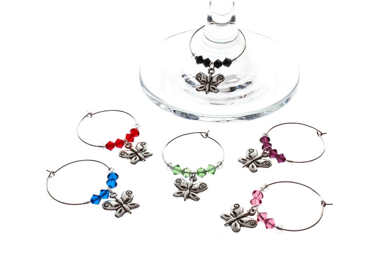 Butterflies Swarovski Wine Glass Charm Set of 6, Wine Glass Charm, Wine Glass Markers, Silver Wine Charm, Swarovski Wine Charm imagem 1