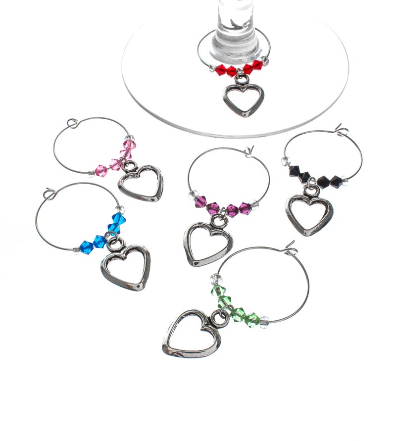 True Romance Swarovski Wine Glass Charm Set of 6, Heart Wine Glass Charm, Wine Glass Markers, Silver Wine Charm, Swarovski Wine Charm image 2