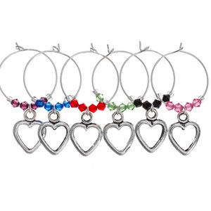 True Romance Swarovski Wine Glass Charm Set of 6, Heart Wine Glass Charm, Wine Glass Markers, Silver Wine Charm, Swarovski Wine Charm image 1