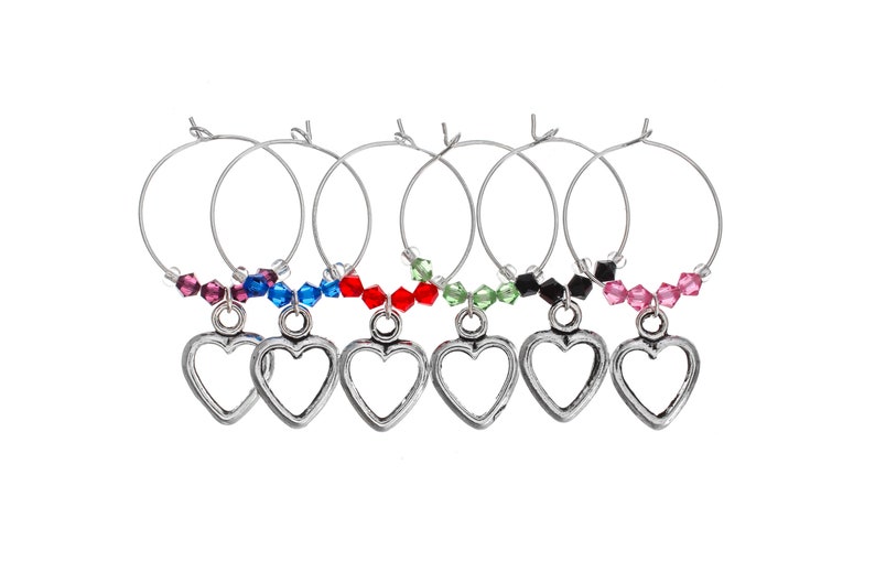 True Romance Swarovski Wine Glass Charm Set of 6, Heart Wine Glass Charm, Wine Glass Markers, Silver Wine Charm, Swarovski Wine Charm image 1