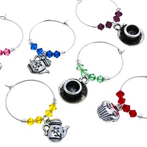 Vintage Tea Party Swarovski Wine Glass Charm Set of 6, Wine Glass Charm, Wine Glass Markers, Silver Wine Charm, Swarovski Wine Charm image 2