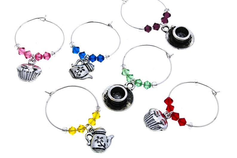 Vintage Tea Party Swarovski Wine Glass Charm Set of 6, Wine Glass Charm, Wine Glass Markers, Silver Wine Charm, Swarovski Wine Charm image 2