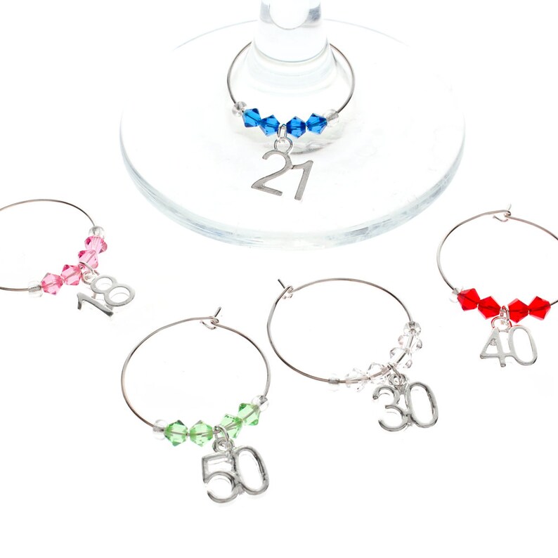 Swarovski Number Wine Glass Charms, 50th Wine Glass Charm, 21st Wine Glass Charm, 30th Silver Wine Charm, 40th Wine Charm image 1