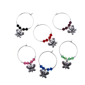 Butterflies Swarovski Wine Glass Charm Set of 6, Wine Glass Charm, Wine Glass Markers, Silver Wine Charm, Swarovski Wine Charm image 2