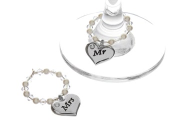 Mr & Mrs Swarovski Wine Glass Charm Set of 2, Wine Glass Charm, Wine Glass Markers, Silver Wine Charm, Swarovski Wine Charm