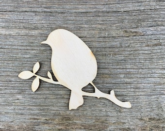 Wooden bird shape, bird on branch, various sizes, for crafts , decoration, natural wood